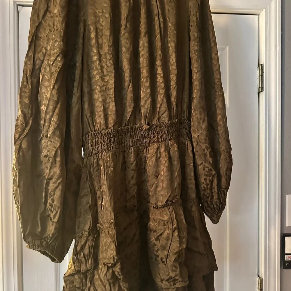 Joy Joy Olive Jacquard Leopard Smocked Waist Mini Dress Size Small NWOT - Picture 8 of 9